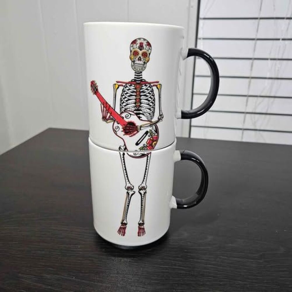 Clay Art Stackable Skeleton Guitar Mugs 16 oz | Set of 2
